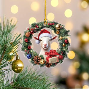 Goat Christmas Ornament 2d Flat, Goat Wreath Christmas Ornament, Pet Lover Gift, Goat Farmers Plastic Car Hanging Ornament, Goat Christmas