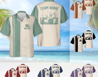 Personalized Retro Bowling Hawaiian Shirt, Custom Name Button Down Shirt, Matching Bowling Team Shirt, Bowling Lover Gift, Bowler Gift Shirt