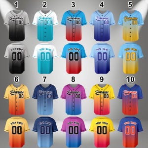 May include: Ten different baseball jersey designs with a gradient color scheme. The jerseys are numbered 1 through 10 and feature the text "Teamname" and "Your Name" with a number 00. The jerseys are available in a variety of colors, including black, blue, red, yellow, orange, and pink.
