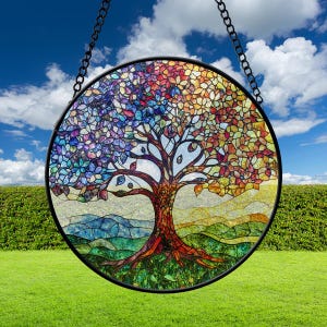 Tree Of Life Stained Glass Window Hanging, Tree Of Life Stained Glass Suncatcher, Family Gift Indoor Decor, Glass Stained Print Ornament