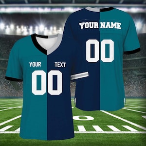 May include: Two short-sleeved football jerseys. One is teal and navy blue, the other is navy blue and teal. Each jersey has the number "00" in white. The teal jersey has the text "YOUR TEXT" above the number. The navy blue jersey has the text "YOUR NAME" above the number.