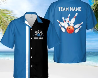 May include: A blue and black bowling themed Hawaiian shirt with the text "TEAM NAME" on the back and "YOUR NAME" on the front.