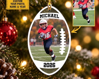 Personalized Football Christmas Ornament, Custom Photo Football Ornament, Christmas Tree Decor, Custom Kid Christmas Ornament, Football Gift