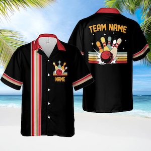 Personalized Retro Bowling Hawaiian Shirt, Custom Name Button Down Shirt, Matching Bowling Team Shirt, Bowling Lover Gift, Bowling Shirt
