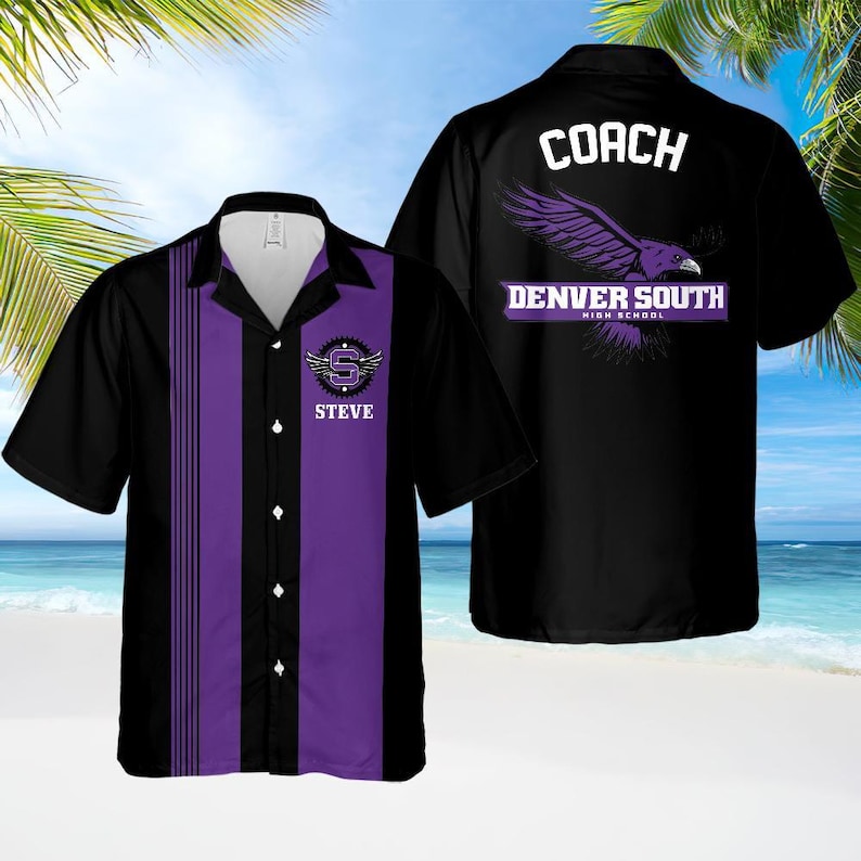 May include: Black and purple short-sleeved button-down shirt with the text "COACH" on the back. The front features a purple stripe design and the name "STEVE". The shirt also has the text "DENVER SOUTH HIGH SCHOOL" and a raven graphic.