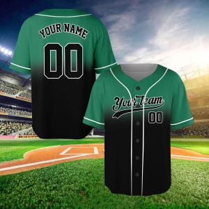 May include: Green and black baseball jersey with white trim. The jersey features the text "Your Team" and the number "00" on the front. The back of the jersey has the text "Your Name" and the number "00".