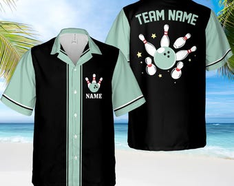 Camisa hawaiana retro de bolos personalizada, camisas de equipo de bolos a juego con nombre personalizado, regalo para amantes de los bolos, camiseta de jugador de bolos