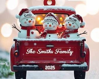 Personalized Snowman Family Christmas Ornament, Red Truck Christmas Ornament, Snowman Ornament, Custom Name Ornament, 2d Flat Ornament