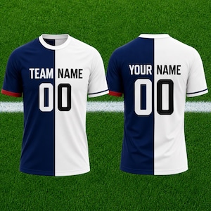 May include: A short-sleeve athletic jersey featuring a split design with navy blue on the left and white on the right. The front displays the text TEAM NAME above the number 00, while the back shows YOUR NAME above the number 00 in black font.