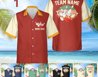 May include: Five different bowling themed shirts. The first shirt is red with white sleeves and a bowling pin graphic. The other four shirts are in different colors and have a bowling pin graphic with the text "Team Name".