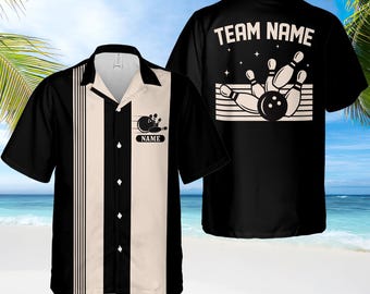 Camisa hawaiana retro de bolos personalizada, camisa con nombre personalizado, camisa a juego para equipo de bolos, regalo para amantes de los bolos, camisetas de bolos