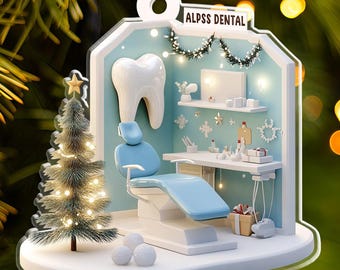 May include: A dentist office Christmas ornament with a miniature dental chair, a large tooth, and the text "ALPSS DENTAL". The ornament is decorated with a small Christmas tree, snowflakes, and a garland. The color scheme is white, blue, and gold.