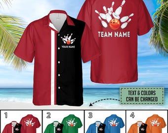 Personalized Bowling Hawaiian Shirt, Custom Team Name Bowler Button Down Shirt, Matching Bowling Team Shirt, Bowling Lover Gift,Bowling Play