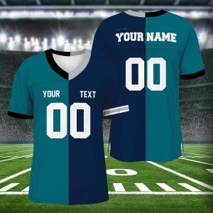 May include: Two short-sleeved football jerseys. One is teal and navy blue, the other is navy blue and teal. Each jersey has the number "00" in white. The teal jersey has the text "YOUR TEXT" above the number. The navy blue jersey has the text "YOUR NAME" above the number.