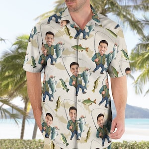 Custom Face Bass Fishing Hawaiian Shirt, Fishing Lover Summer Shirt, Hawaii Shirt, Summer Party Gift, Fishing Hawaii Shirt, Gift Fisherman
