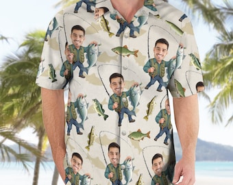 Custom Face Bass Fishing Hawaiian Shirt, Fishing Lover Summer Shirt, Hawaii Shirt, Summer Party Gift, Fishing Hawaii Shirt, Gift Fisherman