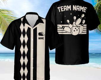 Personalized Retro Bowling Hawaiian Shirt, Custom Name Button Down Shirt, Matching Bowling Team Shirt, Bowling Lover Gift, Bowler Gift Shirt