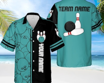 May include: Bowling-themed button-up shirt. The shirt features a teal and black design with bowling pins and bowling balls. The front has the text "YOUR NAME" and the back says "TEAM NAME".