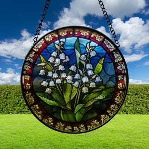 Lily Of Valley Flower Stained Glass Window Hanging, New House Decor, Gift For Mom, Lily Of Valley Round Stained Glass Paint Printed Ornament