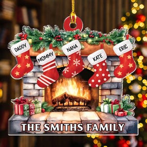 Family Christmas Stocking Ornament, Personalized Family Christmas Ornament, Christmas Gift, Custom Name Ornament, Fireplace Ornament