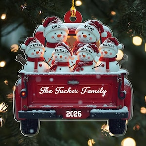Personalized Snowman Family Christmas Ornament, Red Truck Christmas Ornament, Snowman Ornament, Custom Name Ornament, 2d Flat Ornament