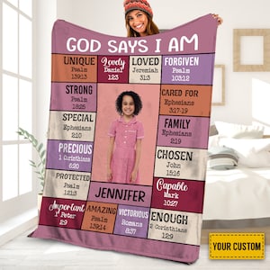 God Says I Am Blanket, Personalized Photo Blanket, Personalized Christian Bible Verse Blanket, Affirmations Blanket, Christian Gifts