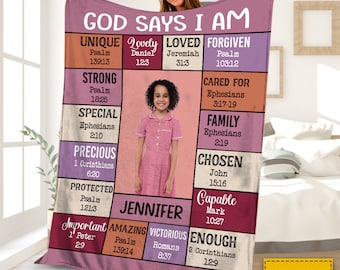 God Says I Am Blanket, Personalized Photo Blanket, Personalized Christian Bible Verse Blanket, Affirmations Blanket, Christian Gifts