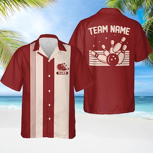 May include: Burgundy bowling shirt with cream-coloured vertical stripe. The shirt has a bowling pin and ball graphic with the word "NAME" on the front and "TEAM NAME" on the back. Short-sleeved, with a classic collar.
