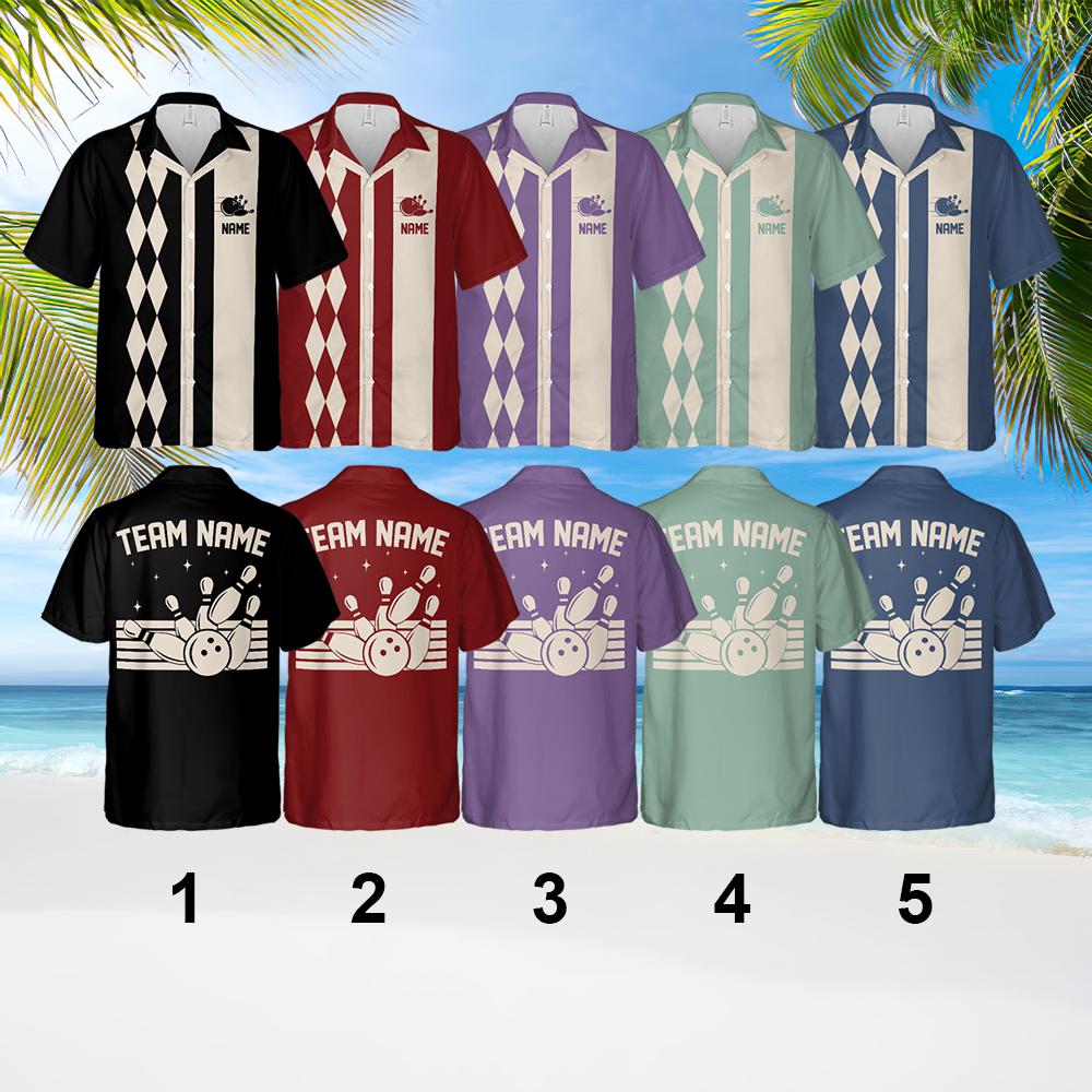 Discover Personalized Retro Bowling Hawaiian Shirt, Custom Name Button Down Shirt, Matching Bowling Team Shirt, Bowling Lover Gift, Bowler Gift Shirt