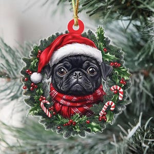 Black Pug Christmas Ornament, 2d Flat, Pug Dog Christmas Ornament, Pet Lover Gift, Custom Dog Ornament, Dog Christmas Ornament For Dog Mom