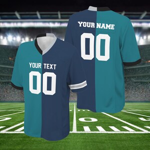 May include: Two-tone football jersey with teal and navy blue panels. The jersey features the text "YOUR TEXT" and "YOUR NAME" above the number "00" in white. The sleeves have white and gray stripes.