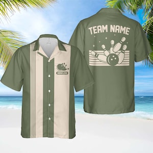 May include: Olive green bowling shirt with a cream-coloured vertical stripe design. The front features a bowling ball and pin graphic with the word "Bowling". The back of the shirt displays "TEAM NAME" above a bowling graphic.