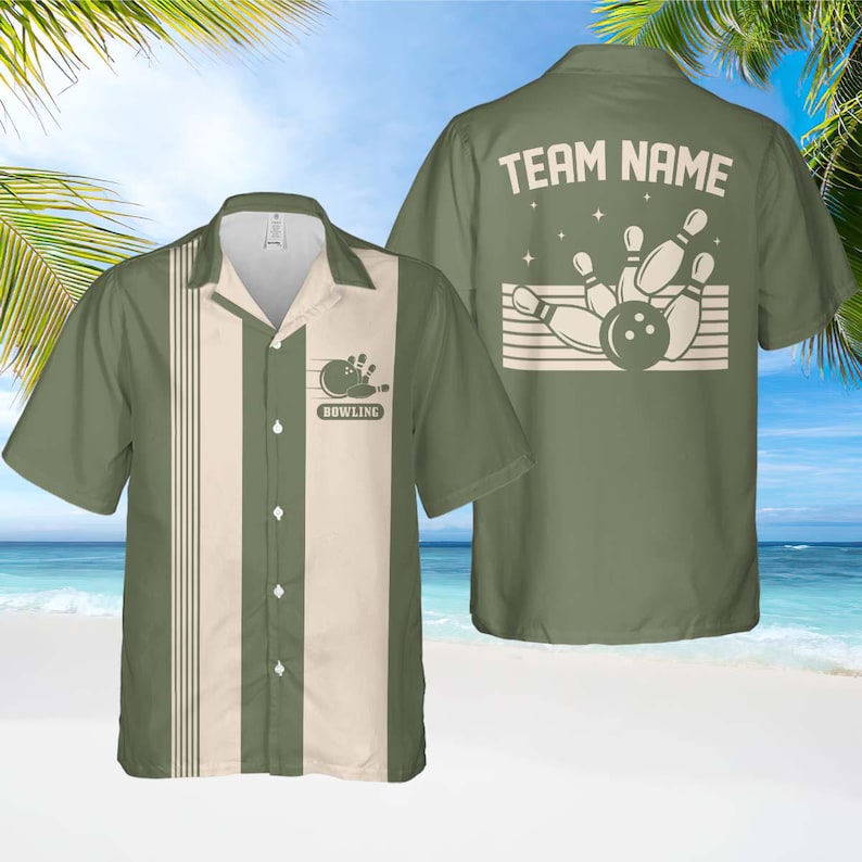 May include: Olive green bowling shirt with a cream-coloured vertical stripe design. The front features a bowling ball and pin graphic with the word "Bowling". The back of the shirt displays "TEAM NAME" above a bowling graphic.