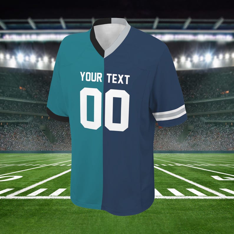May include: A two-toned football jersey with a teal and navy blue design. The jersey features the text "YOUR TEXT" above the number "00" in white. The sleeves have white and gray stripes.