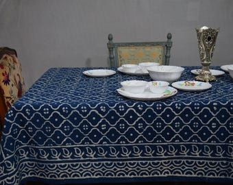 Indian Indigo  Blue Hand Block Printed Pure Cotton Tablecloth Dining Wedding, Party Cotton Table Cover , Floral Soft Rectangle Table Cloth