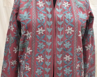 Indian Suzani Embroidery Jacket, Handmade Boho Jacket, Floral Embroidered Kimono, Unique Statement Wear