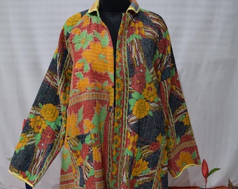 Chaqueta reversible vintage Kantha: abrigo de algodón patchwork hecho a mano