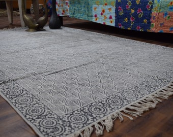 Hand Block Printed Cotton Dhurrie Rug: Indian Aztec Area Rug