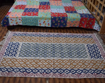 Hand Block Printed Cotton Rug: Bohemian Woven Area Rug