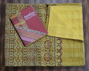 Handmade Ajrakh Kantha Quilt: Indian Hand Block Cotton Bedspread (90x108 Inches)