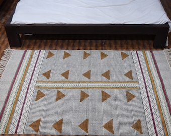 Hand Block Printed Cotton Dhurrie Rug: Aztec Bohemian Area Rug