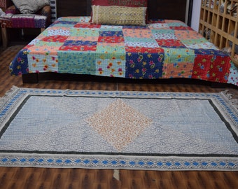 Hand Block Printed Cotton Dhurrie Rug: 4x6 Bohemian Area Rug