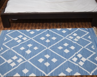 Tapis de course en coton indigo imprimé, fait main / Tapis faits main / Dhurrie imprimé en bloc / Tapis indigo / Tapis en coton / Carpette / Tapis de sol