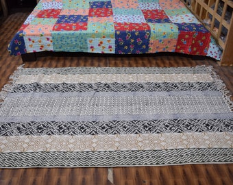 Hand Block Printed Cotton Dhurrie Rug: Aztec Bohemian Area Rug
