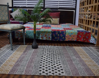 Handmade Block Print Cotton Rug: Indian Loom Woven Area Rug