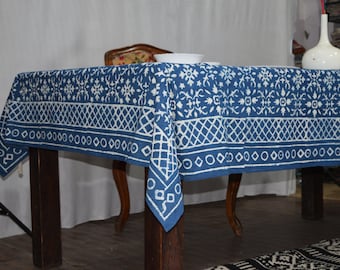 Hand Block Printed Indigo Cotton Tablecloth, Floral Soft Rectangle Table Cover