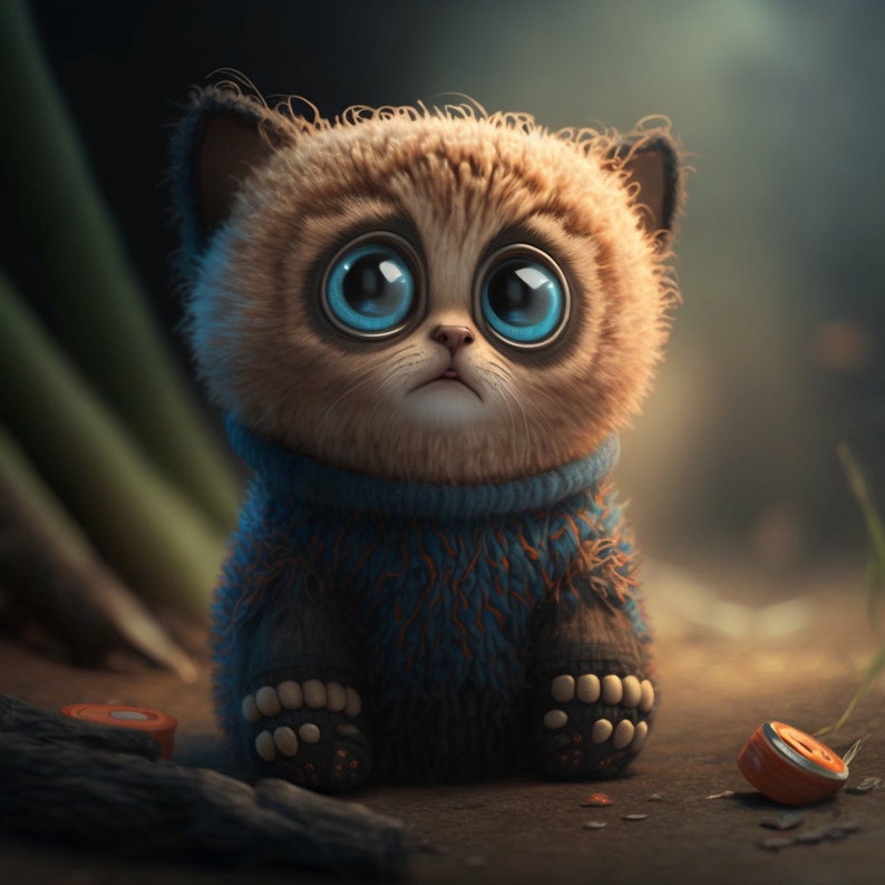 May include: A cartoon kitten with large blue eyes and brown fur, wearing a blue sweater. The image has a soft focus, with a blurred background of green and brown tones. The kitten appears to be sitting.