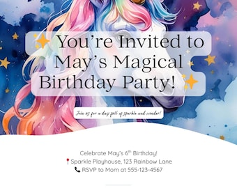 Unicorn Birthday Invitation: Pastel Rainbow, Editable Canva Template (PDF Download)