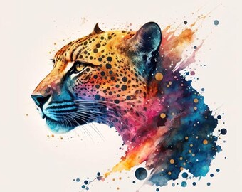 Cosmic Watercolor Leopard #2 - Digital Art Print, AI Generated, Wall Art, AI Art, Digital Download, Home Decor, Printable