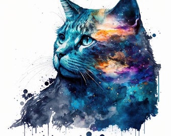 Cosmic Watercolor Cat #3 - Digital Art Print, AI Generated, Wall Art, AI Art, Digital Download, Home Decor, Printable